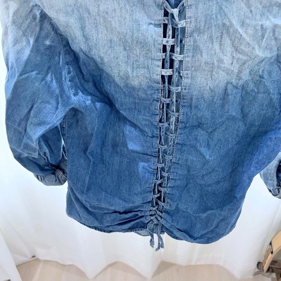 Foreign Exchange Fringe Lace Up Back Sleeve Adjust Loop Denim Shirt - Picture 3 of 7